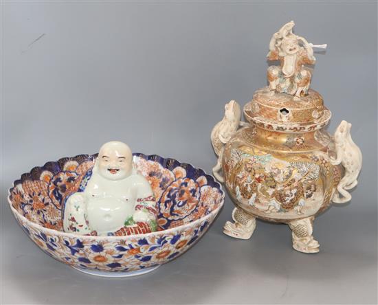 A Satsuma koro (cover a.f), an Imari bowl and a Buddha bowl diameter 31cm